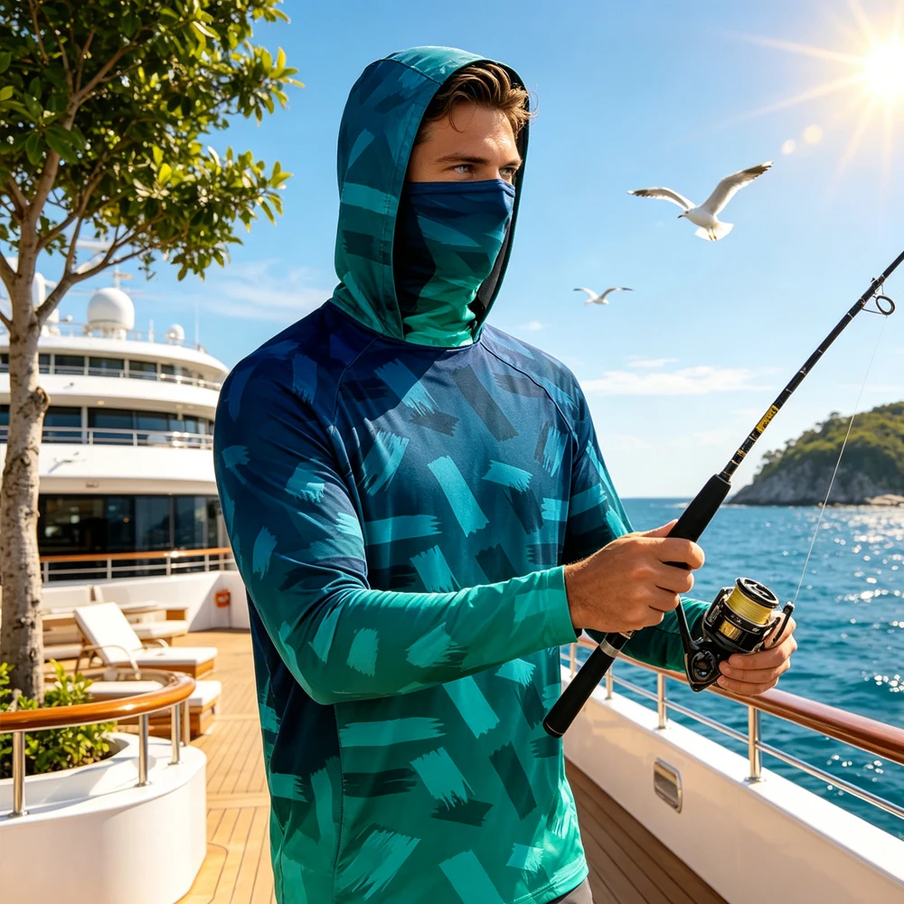 Men Fishing Long Sleeve Hoodie With Face Mask UV Protection Quick Dry Breathable Lightweight Shirt Top Wear for Fishing Camping