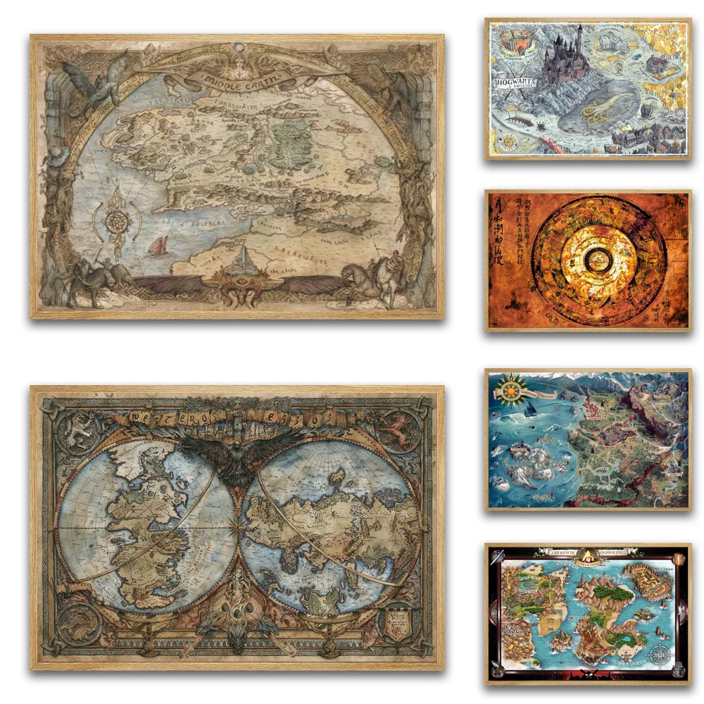 ديكور المنزل قماش يطبع الفيلم الكلاسيكي أنيمي ولعبة خريطة العالم الأرض الوسطى Westeros Essos خريطة ملصق جدار الفن اللوحة