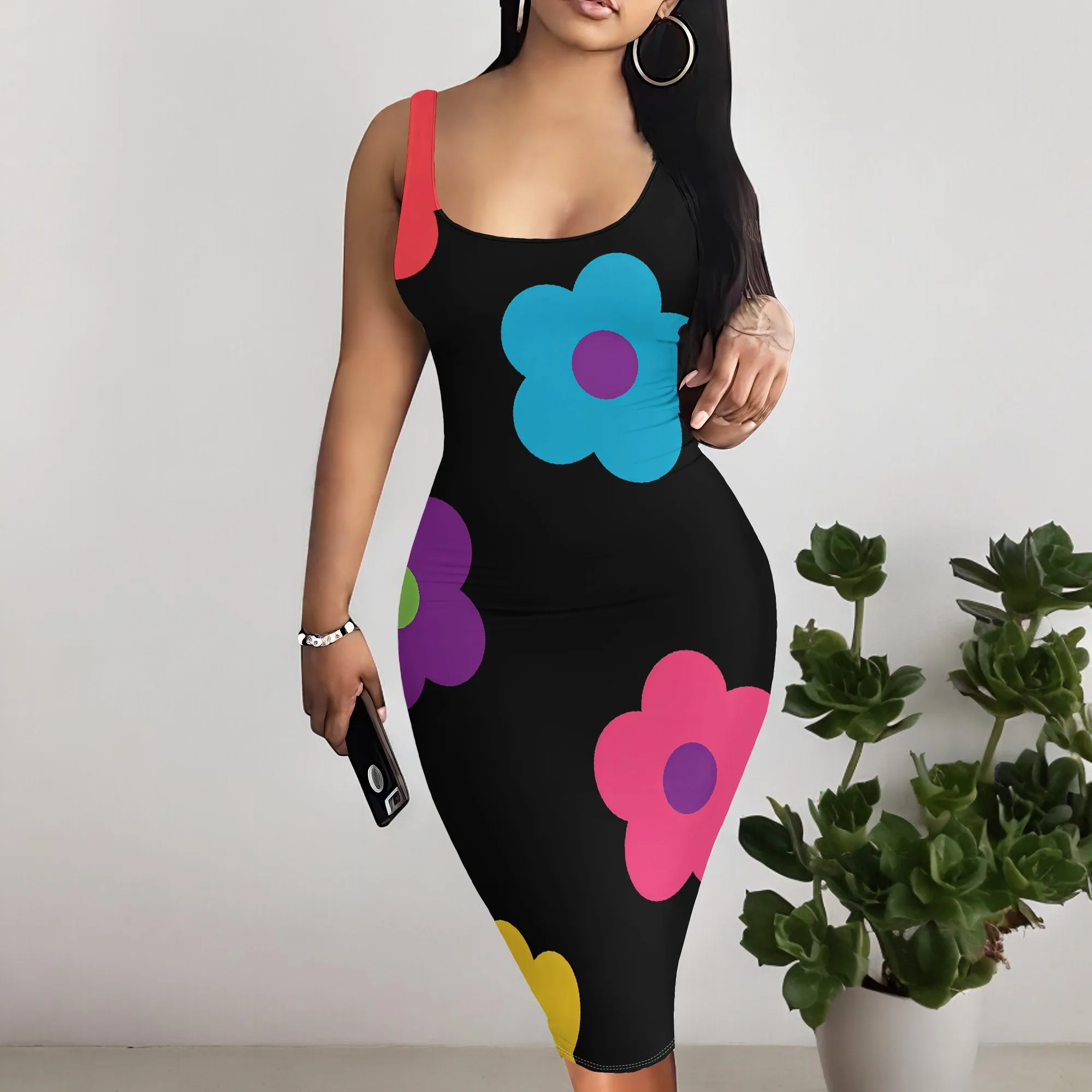 

Women's Pop Art Floral Bodycon Dress | Y2K Colorful Flower Print Sleeveless Midi Dress for Summer Party
