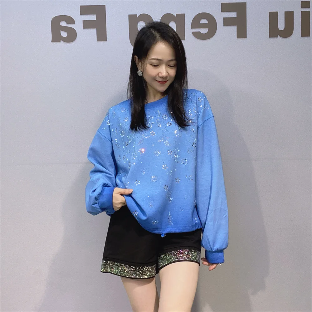 Trendy Brand Rhinestone Long Sleeve Sweatshirt for Women Fashionable Loose Casual Round Neck Short Sweatshirt for Autumn