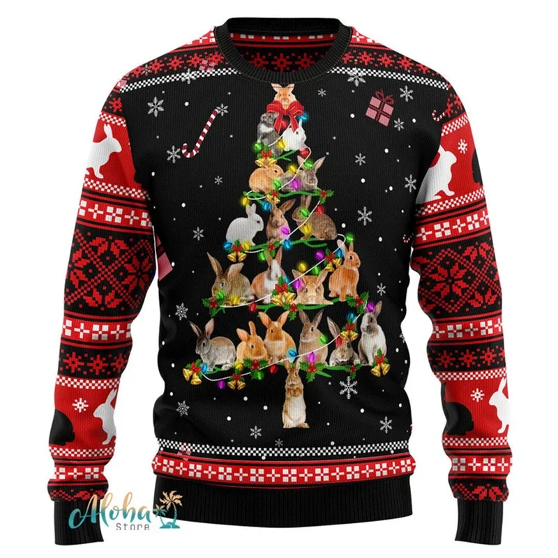 Christmas Ugly Sweater Men New Cute Xmas Rabbit Animal Casual 3D Print Funny Bunny Grarphic Pullover Harajuku Unisex Men Clothes