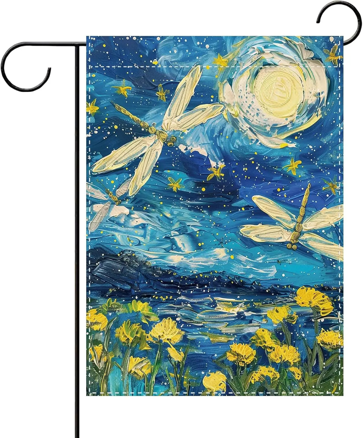 Spring Summer Dragonfly Decorative Garden Flag, Starry Night Abstract Oil Painting Art Moon Floral Small Yard Outside Decora PPZ