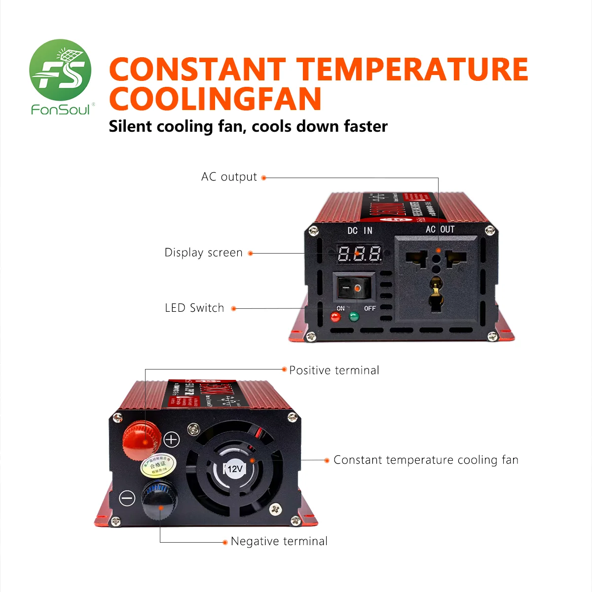 Fonsoul Solar Inverter 1600W DC 12V 24V to DC 110V 220V Pure Sine Wave 1 Universal Outlet Diy Solar Automobile RV Home Appliance
