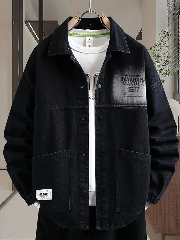 

Loose Fit Cotton Denim Jacket for Men with Printed Letters Collar Casual Jacket for Teenage Students Trendy Autumn Jacket