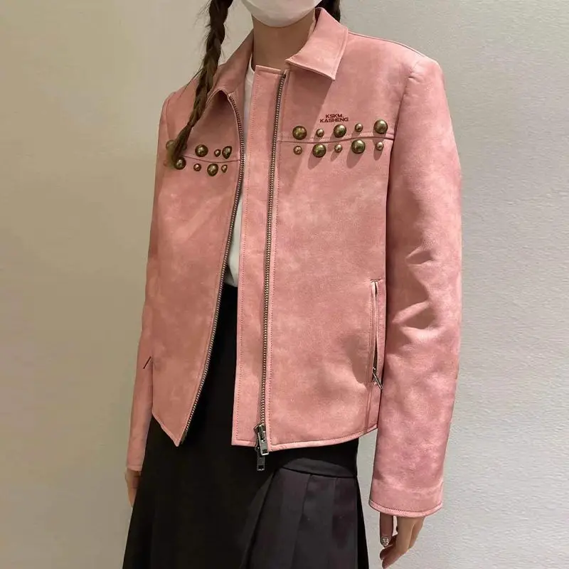 KUSAHIKI Pink Short PU Leather Jakcets Autumn New Fashion Rivet Women Coat 2023 Elegant Zipper Turn-down Collar Outwear Tops