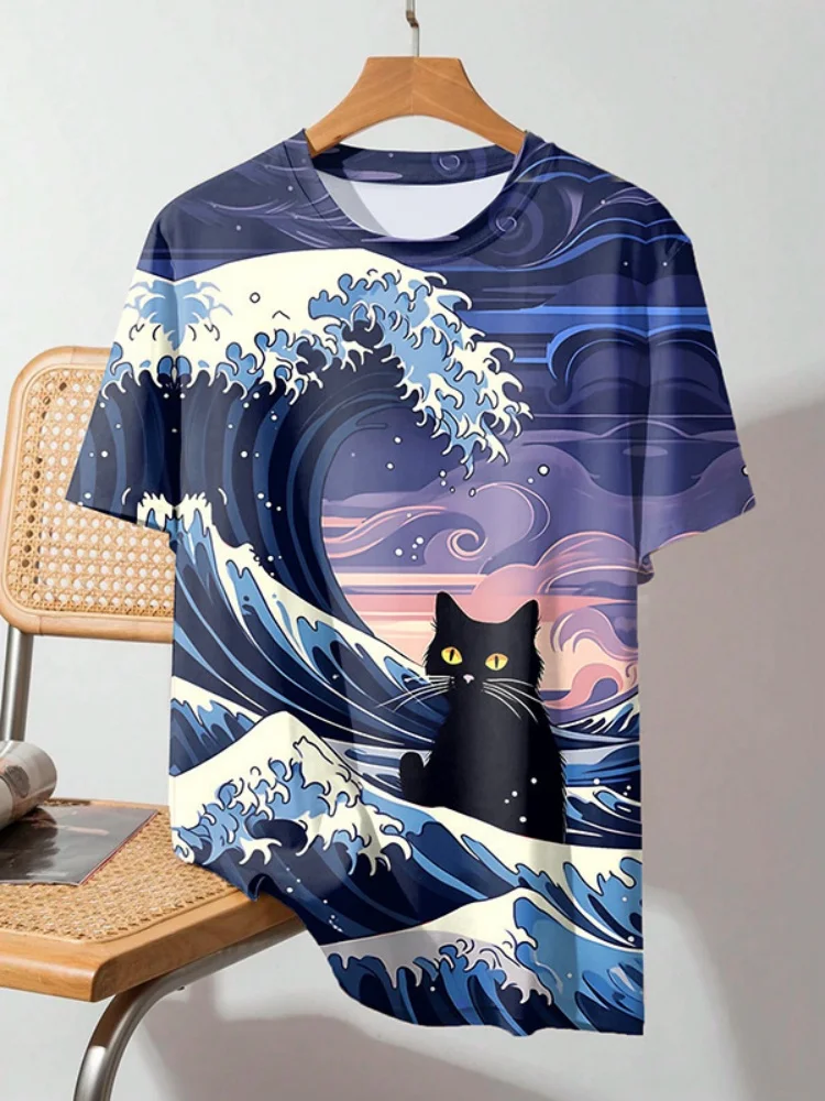 Japanese Style Ukiyoe Animal Men's T-Shirt Cute Cat Pattern Printed T-shirts Casual Short Sleeve Tee Oversized Men Clothing Tops