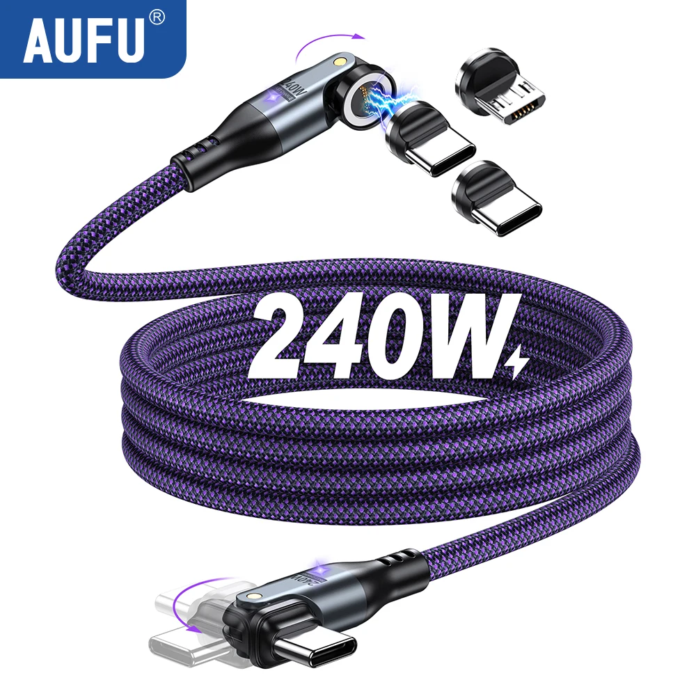 

AUFU 240W Magnetic Cable Fast Charging Mirco USB Type C Cable For iPhone Xiaomi Laptop 540 Rotate Elbow Magnet Charge Data Cord
