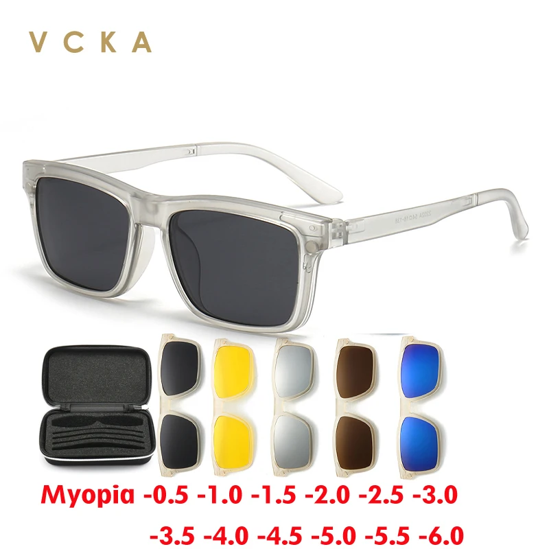 VCKA Transparent Square Frame Women Myopia Sunglasses 6 In 1 Magnetic Clip Glasses Men Polarized Prescription Eyeglass -0.5~-6.0