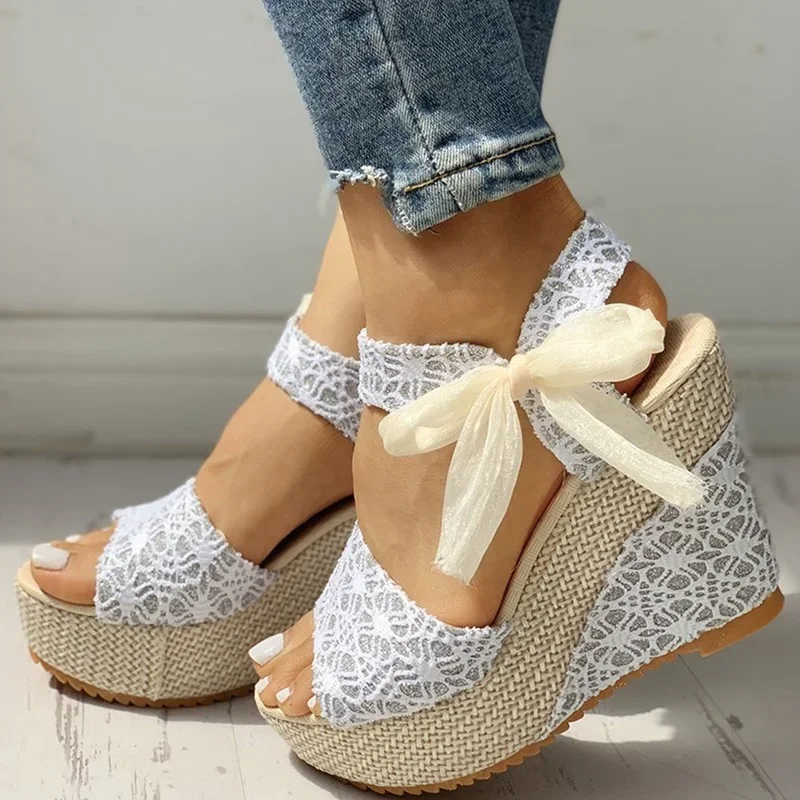 INS Hot Lace Leisure Women Wedges Heeled Women Shoes 2024 Summer Sandals Party Platform High Heels Shoes Woman