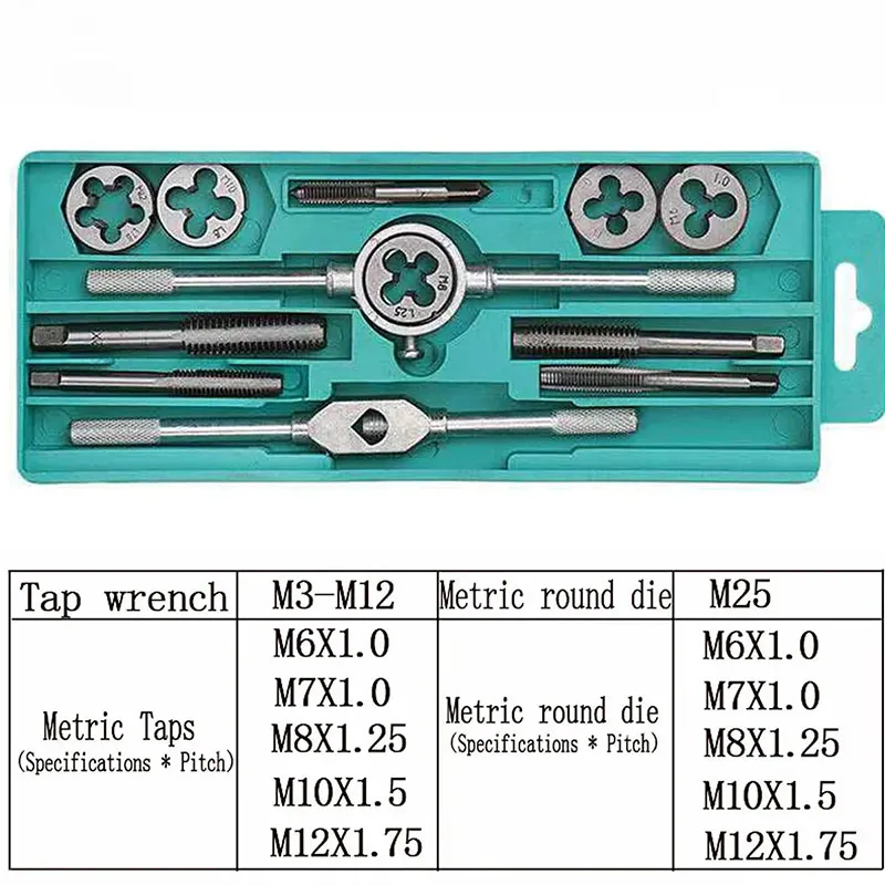 12/20/40Pcs Metric Hand Tap and Die Set M3-M12 Screw Thread Plugs Straight Taper Reamer Tools Wrench Threading Hand Tools