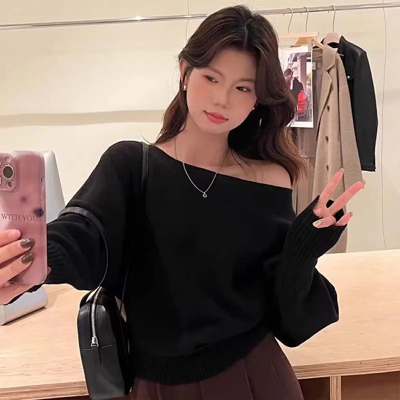 Women's Clothing Elegant Fashion Slash Neck Lantern Sleeve Sweaters Autumn Winter Sexy All-match Solid Knit Pullovers Lady Tops