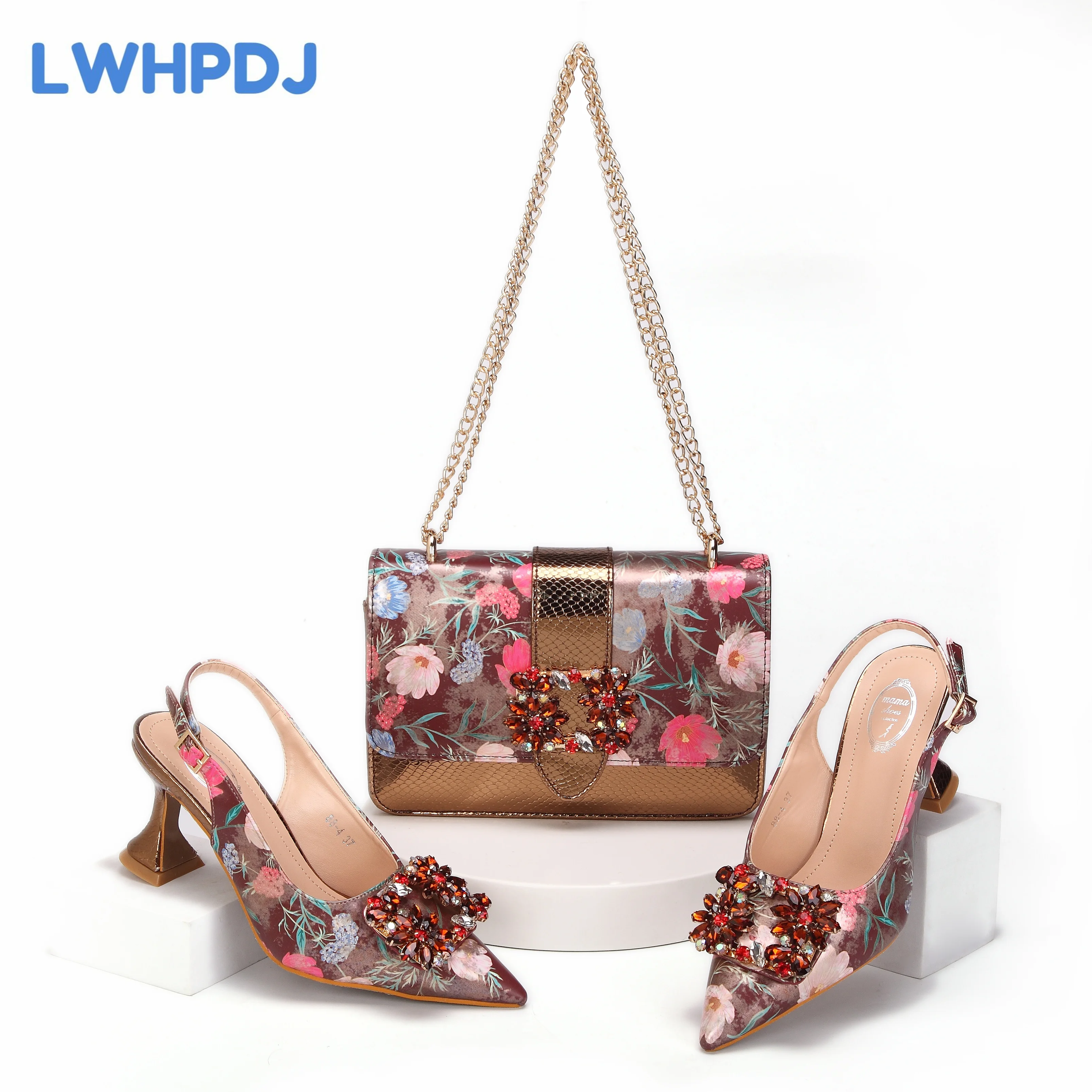 Newest Coffee Color Print Design High Heels Decorated with Water Rhinestone  Party Women's Shoes and Bags Set