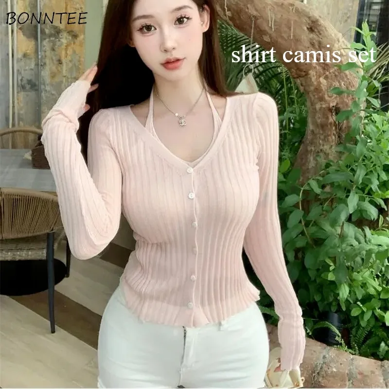 Women Sets Pure Sexy Halterneck Camis Long Sleeve Knitted Shirt Two-piece Temperament Sweet Spicy Girls Streetwear Summer Y2k