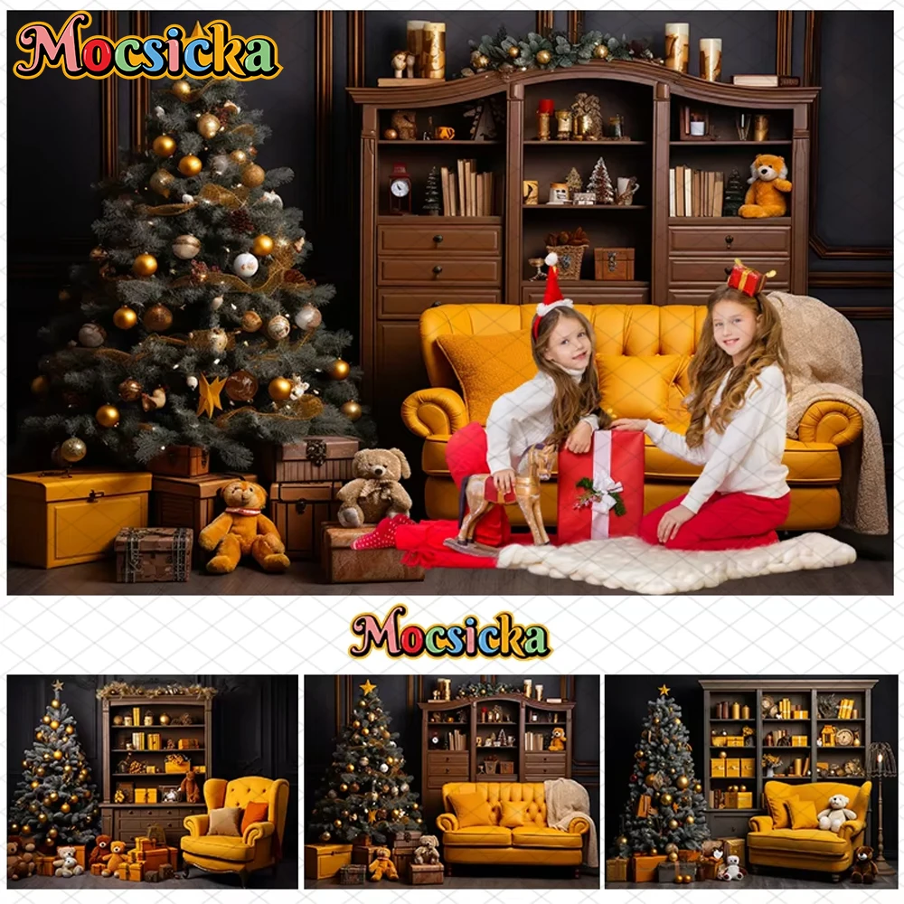

Mocsicka Christmas Photography Backgrounds Room Xmas Tree Bear Gifts Yellow Sofa Bookshelf Decors Family Holiday Party Backdrops