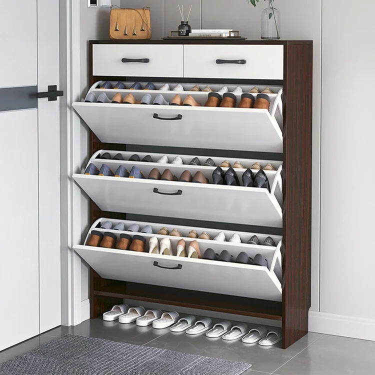 2026 Modern Design Indoor Room Durable Save Space Large Capacity Ultra-thin Flip Down Wood Shoe Rack Revolving Storage Cabinet