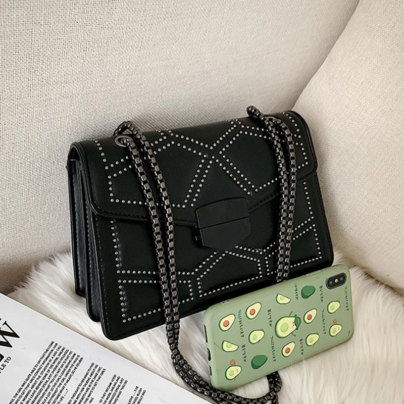 New Fashion Rivet Chains Shoulder Bags for Women Solid Color PU Leather Crossbody Purse Female Handbag Totes Pouch