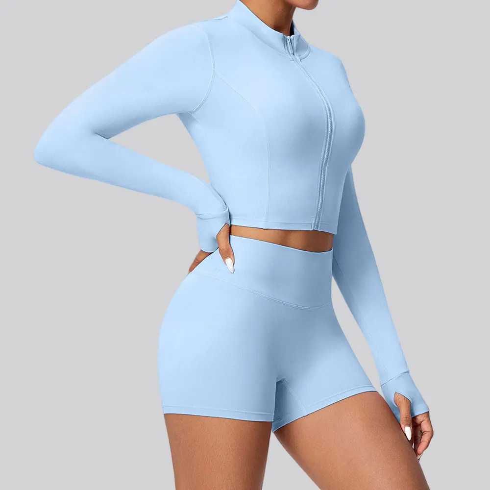 

2PCS Yoga Suit Sports Set Women Fitness Tracksuit Running Workout Clothes Long Sleeve High Waist Scrunch Shorts Athletic Wear