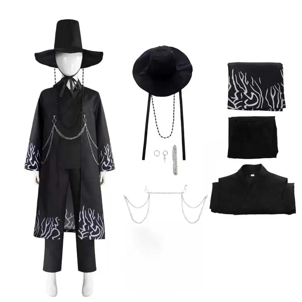 Jinu Cosplay-Kostüm, Mantel, schwarzer Anzug, Outfits, Hemd, Hose, Gürtel, Hut, Halloween-Karnevalskostüm