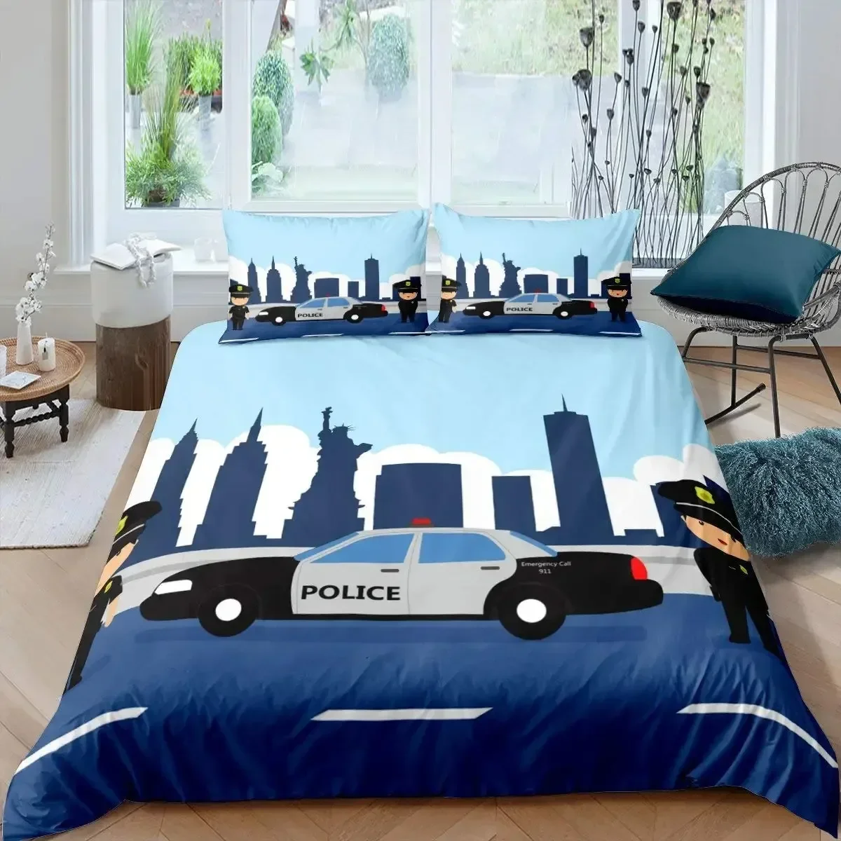 Police Car Duvet Cover Cartoon Car Bedding Set Kids Boys Emergency Responder Vehicles Polyester King Queen Quilt Cover