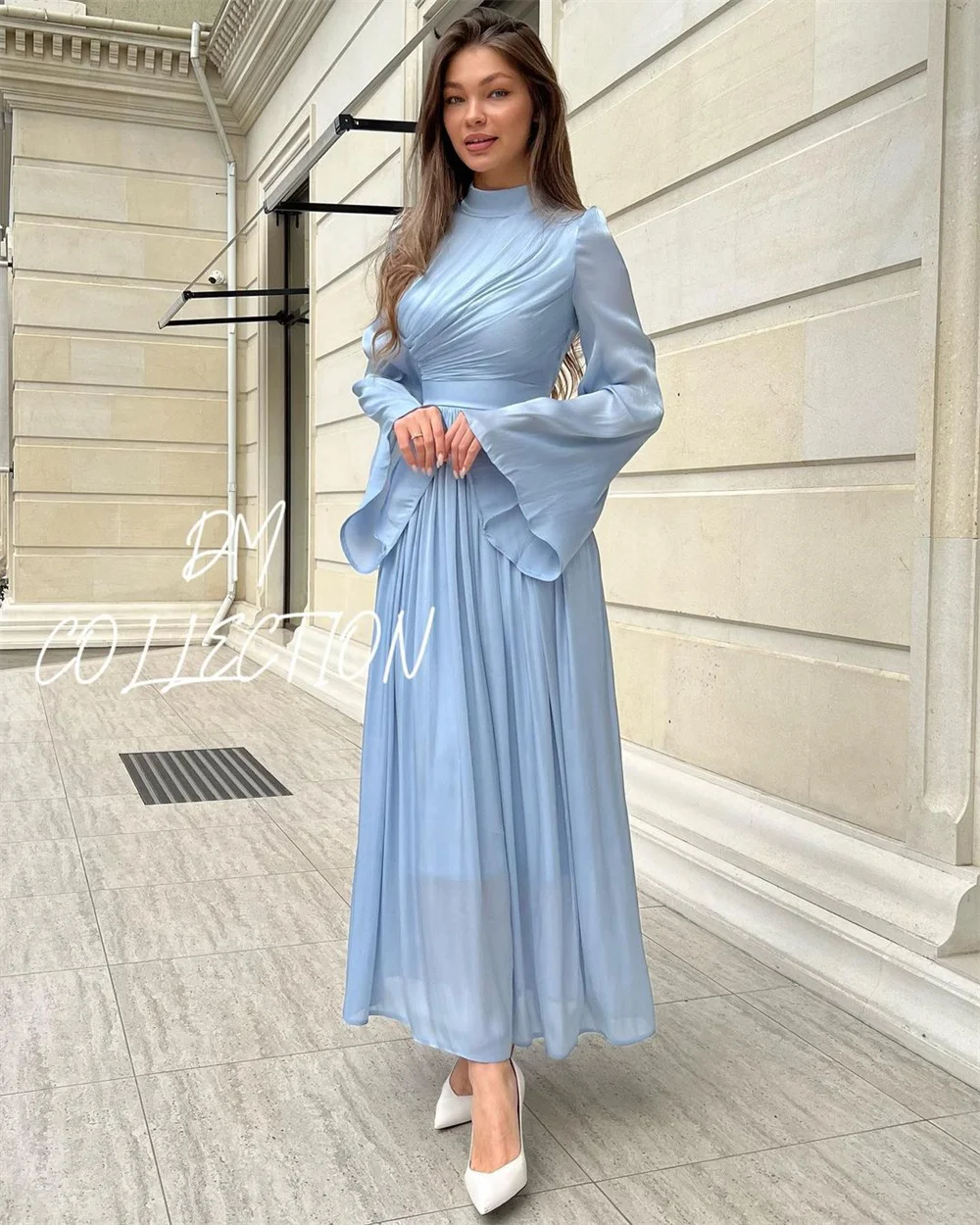 Bella Light Blue Prom Dresses High Neck Modest A-line Wedding Dress Customized Long Sleeves Chiffon Pleats Vestidos De Fiesta