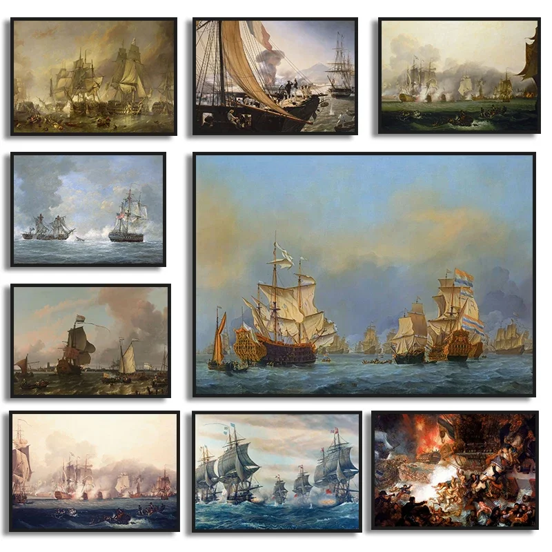 Vintage Sailing Sailboat Scenery Poster Sea Battle Painting The Battle of Trafalgar Canvas Painting Art Picture Room Home Decor