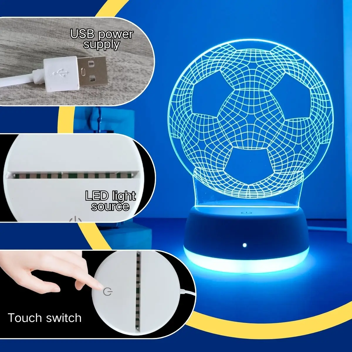 1pc football themed colorful 3D night light, USB powered touch switch seven color base, a great ideal gift