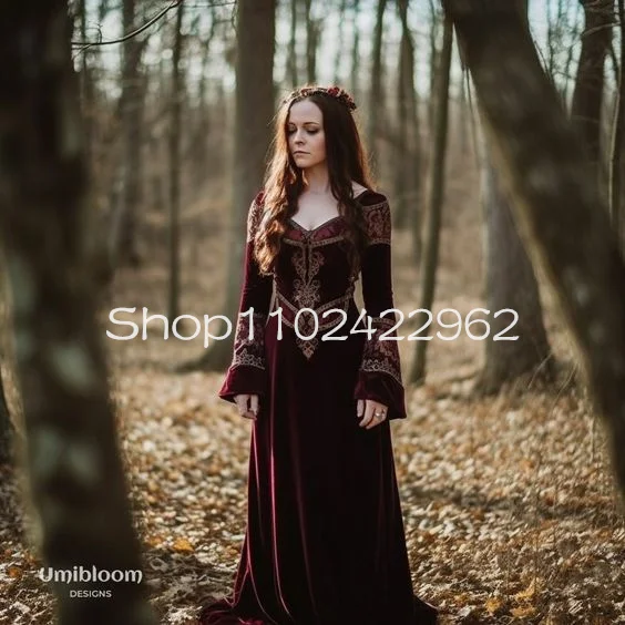 Burgundy Belvet Umibloom Dress Prom Outfit Gown Fairy Long Sleeve Celtic Elven Forestcore Medieval  Viking Cosplay Evening Dress