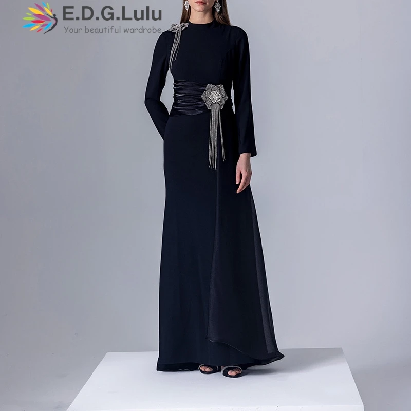 EDGLuLu Round Neck Long Sleeved Asymmetrical Evening Dresses Woman Design Diamond Inlaid Floral Tassel Splicing Long Dress 1205