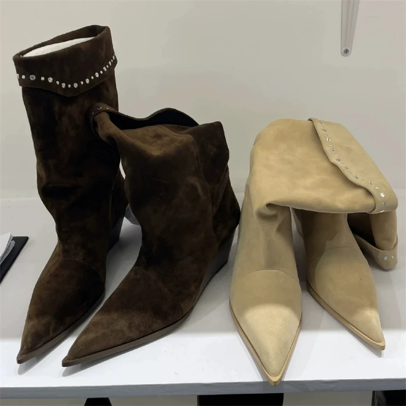 

Aneikeh 2026 Winter Design Crystal Turned-over Edge Pointed Toe Women Ankle Boots Punk Style Wedges Heels Party Dress Shoes