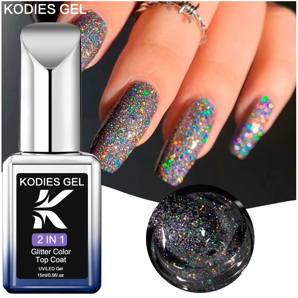 KODIES GEL Holographic Laser Top Coat Gel Nail Polish 15ML Rainbow Shine Glitter Gel Finish Topper Paint Manicure Reflective Top