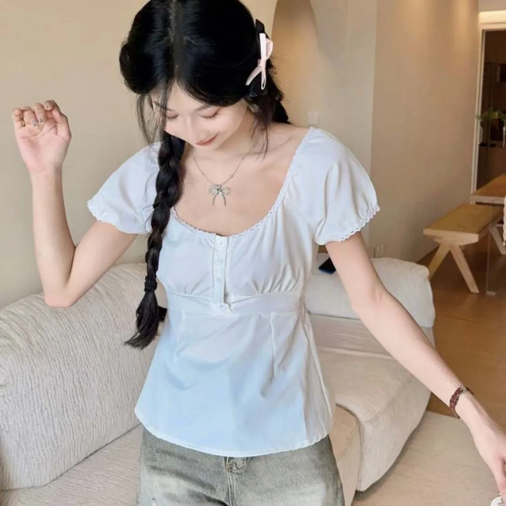 

Short Sleeved Female Low-necked Tops Shirt Commuting Bottoming Shirt Korean Ins Style White Short T-shirts Low-necked White