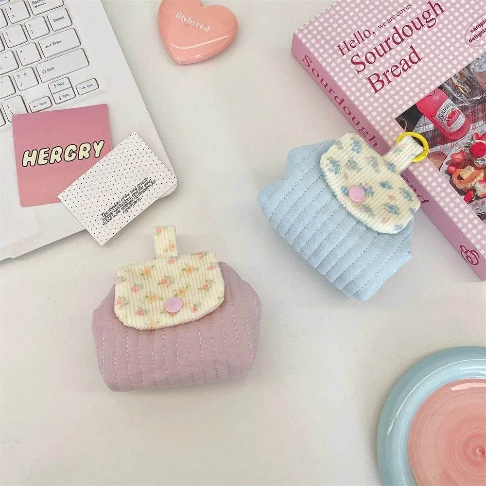 Fashion Quilted Earphone Storage Bag Floral Snap Button Coin Purse Mini Contrast Color Lipstick Storage Pouch for Student Girls
