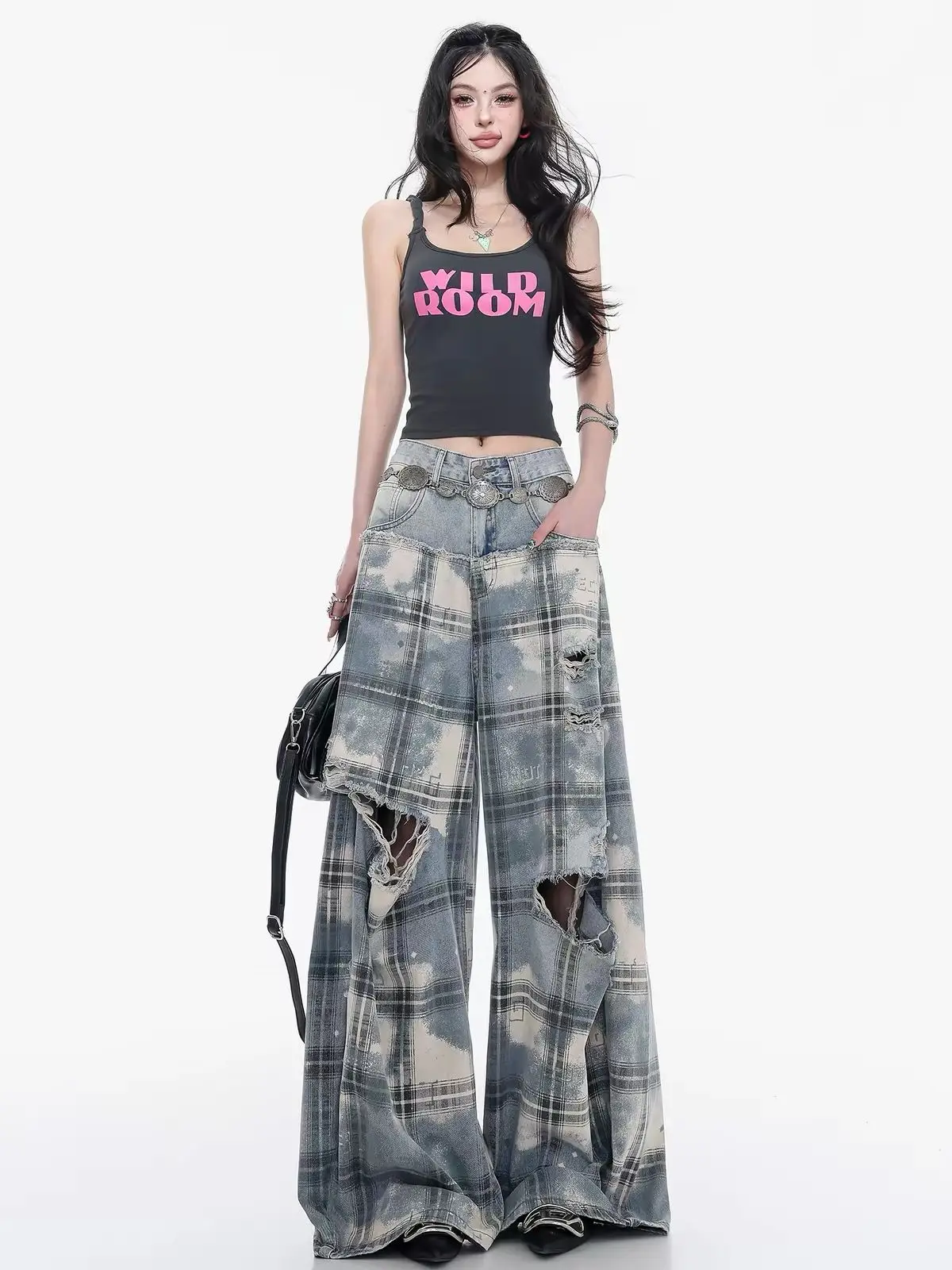 Plaid Distressed Curved Barrel Jeans Women Autumn Loose Retro Streetwear Casual Slim Fit Pants