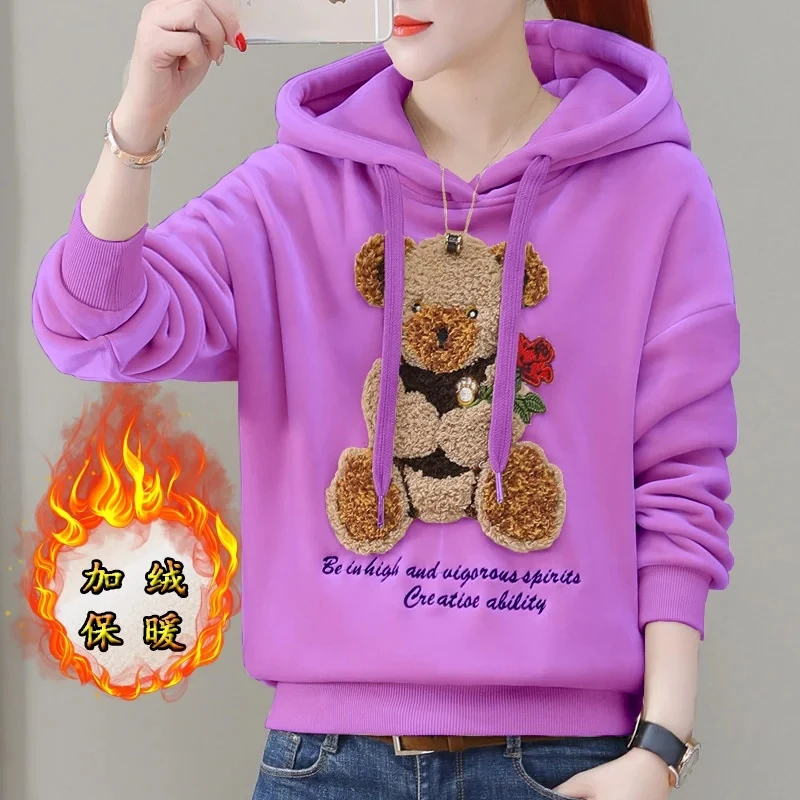 2024 Autumn Winter New Golden Velvet Hooded Sweatshirt Women\'s Thickened Double Sided Velvet Top Embroidered Loose Coat Female