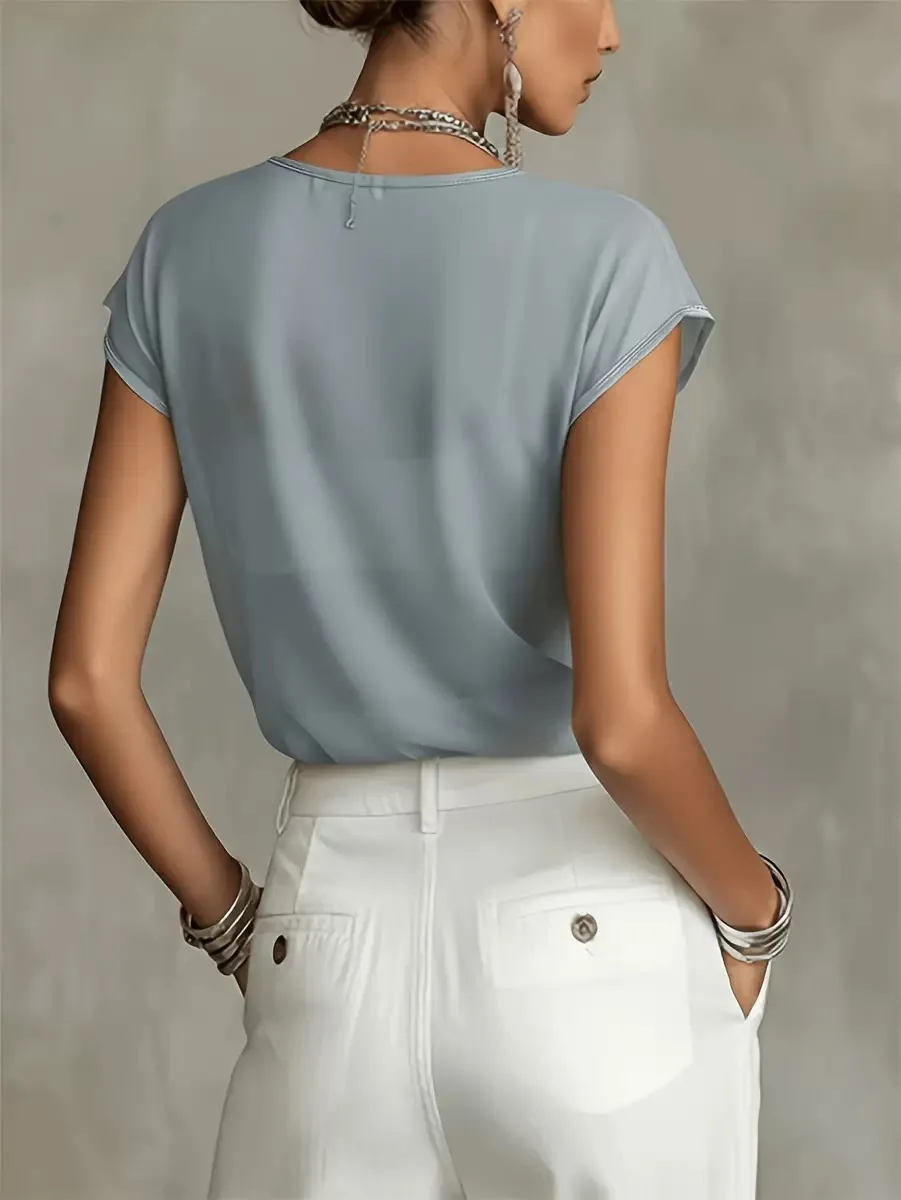 Elegant Light Blue Mesh Short Sleeve Shirt with Large Peony Print Gentle Summer New Arrival Women's Fashion Top
