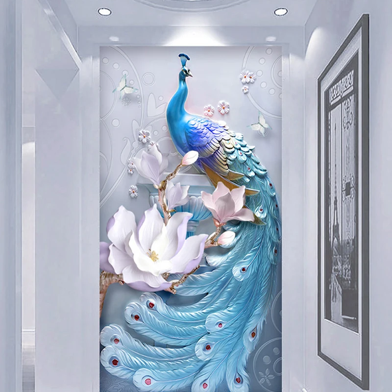 Personalizado qualquer tamanho mural papel de parede 3d estéreo alívio azul pavão flores pintura parede sala estar entrada do hotel pano fundo