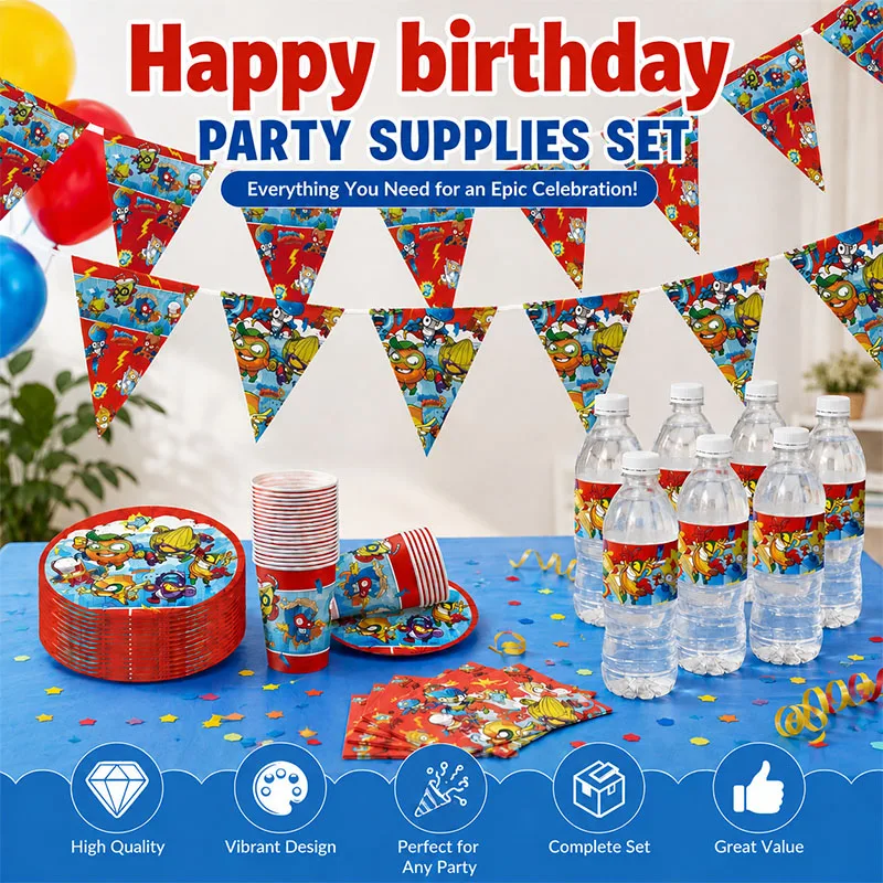 Superzings Cartoon-Themed Birthday Party Table Decorations Celebration Scene Layout Latex Balloon Label Stickers Small Gifts
