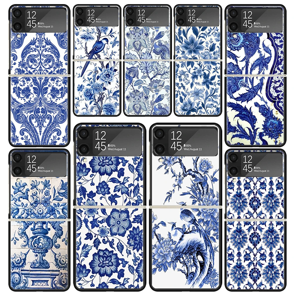 Blue And White Porcelain Phone Case For Samsung Galaxy Z Flip6 Flip4 Flip5 Flip3 Cases Z Flip 6 3 4 5 5G Back Cover Shell Fundas