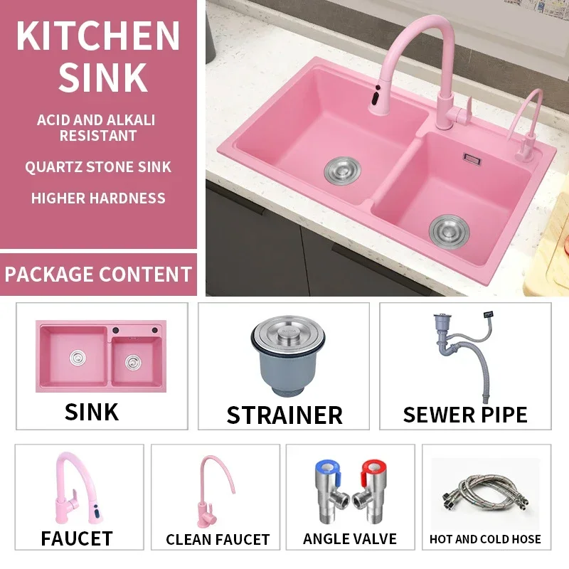 Pink Kitchen Sink Quartz Stone Sink Granite Household Dishwashing Double Sink 75*41CM/78*43CM/80*45CM