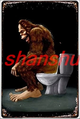 Bigfoot Sitting On Toilet Funny Retro Metal Tin Sign, Vintage Bathroom Toilet Decoration Metal Poster Plaque for Home Bar  ASC