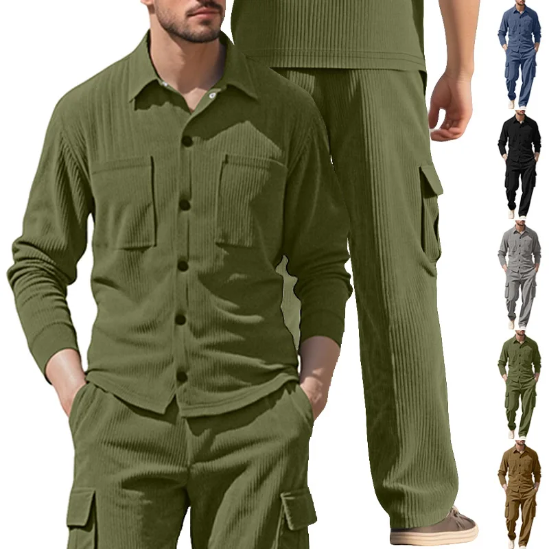 Men's Tracksuit Corduroy Workwear 2 Piece Set Loose Fit Lapel Collar Long Sleeve Button Down Casual Sports Outfit for Daily Wear