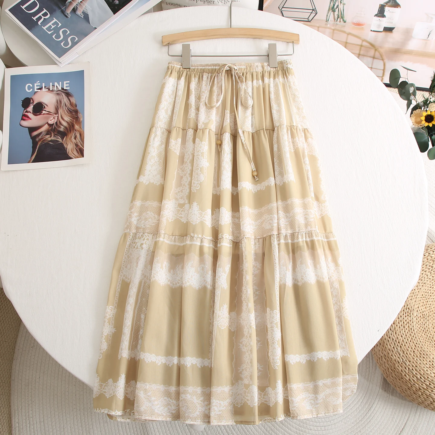 Gonne a torta a strati blu stampate con lacci eleganti francesi per le donne Abito estivo a trapezio stile fata da ragazza dolce elastico in vita