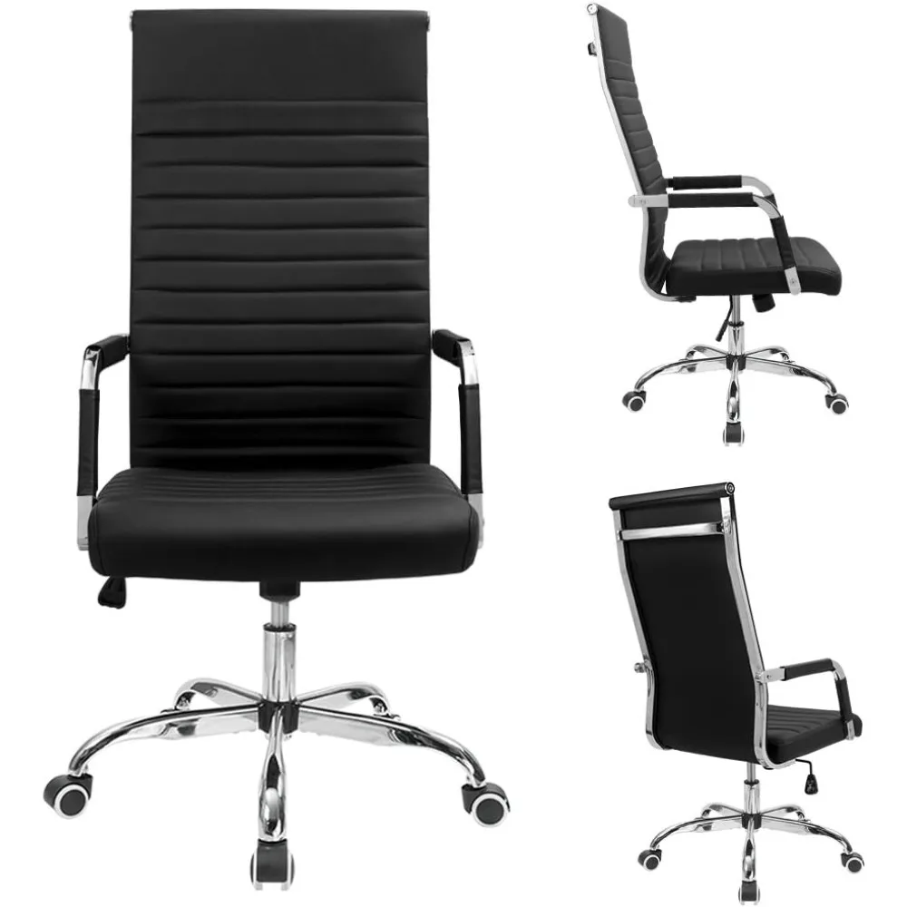 Ribbed Office Chair High Back PU Leather Executive Conference Chair Adjustable Swivel Chair with Arms