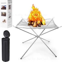 Stainless Steel Outdoor Camping Campfire Fire Rack Foldable Mesh Fire Pit Wood Stove Fire Frame Rack Garden Backyard BBQ Bonfire