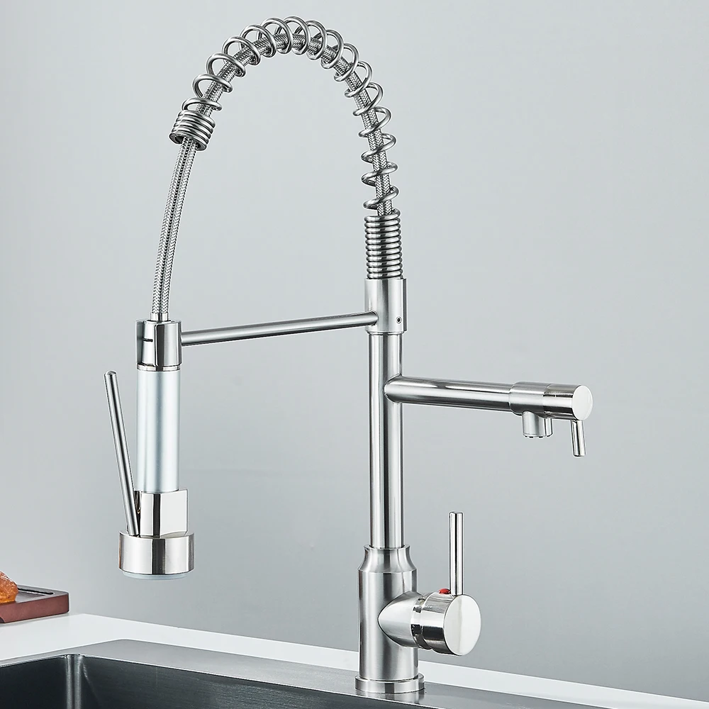 Pull Down Spring Keuken Kraan Enkele Hendel Warm Koud Mixer Water Voor Gootsteen Dubbele Uitloop Mondstuk Kranen Kraan