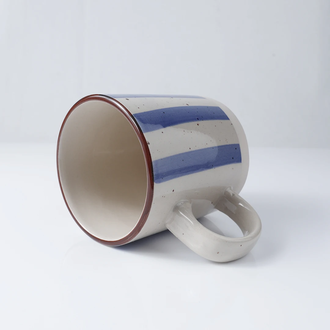 10 oz personalized blue striped rustic pattern hand painted stoneware mug with strip design