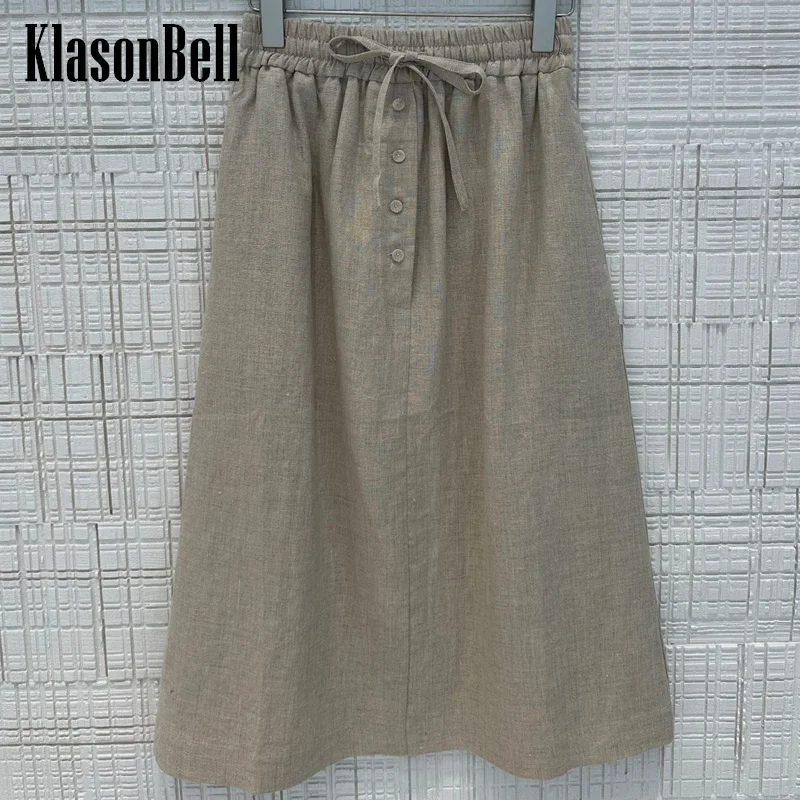 

6.12 KlasonBell Women Button Decoration Temperament Cotton Linen Midi Skirt Girl Elegant Lace-up Elastic Waist A-Line Skirt