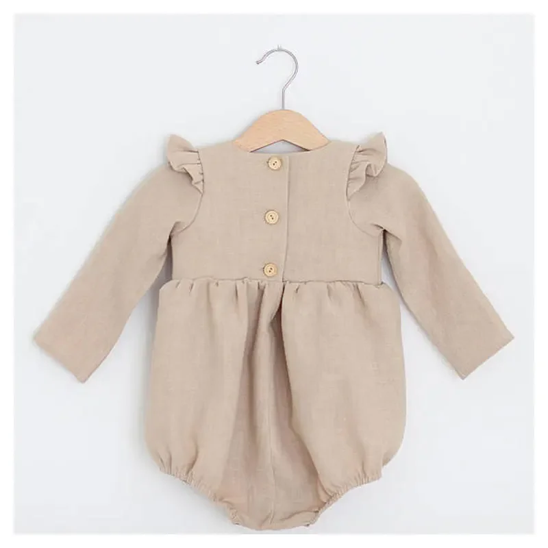 Newborn Infant Baby Girls Ruffle Long Sleeve Romper Kids Solid Color Cotton Linen One-piece Suits Jumpsuit Outfits