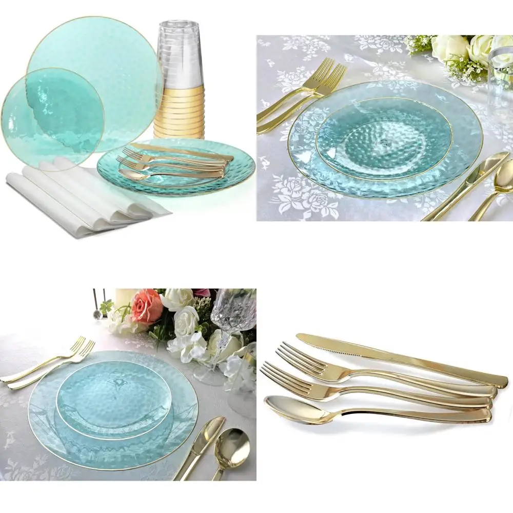 

Одноразовые свадебные тарелки и набор столовых приборов для 25 гостей: 200 предметов с 10 и 7 тарелками, бумажные салфетки, стаканчики с золотой оправой и серебром.