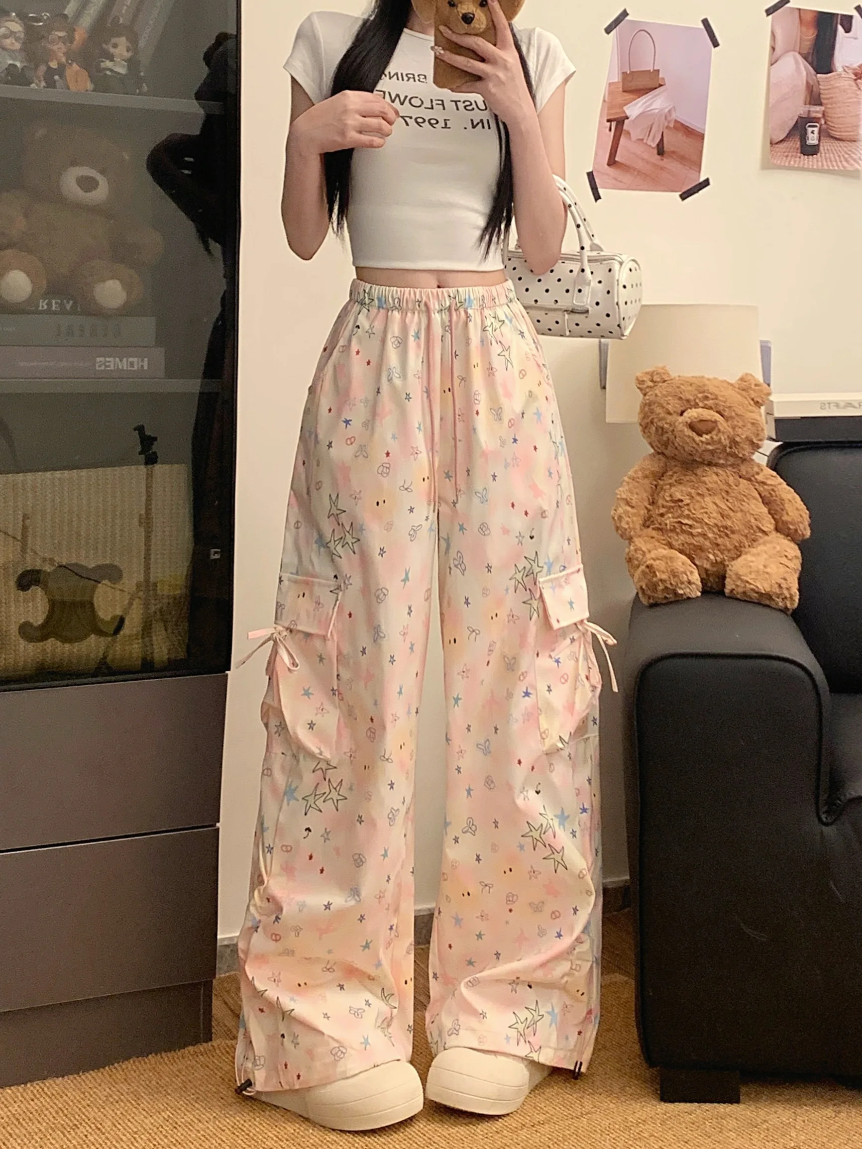 

Women's Star Graffiti Print Strap Wrinkled Working Pants Japanese Harajuku Style Y2k Sweet and Cute Straight Casual Pants 2000s
